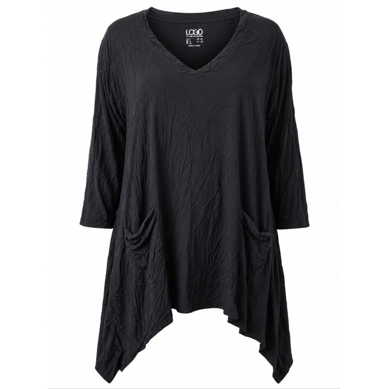 LOGO BY LORI GOLDSTEIN | Black Shark Bite Pocket Lagenlook Tunic V-Neck | L
