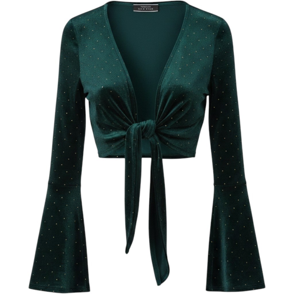 Blue Blush Emerald Green Velvet Glitter Polka Dot Tie Front Bell Sleeve Crop Top