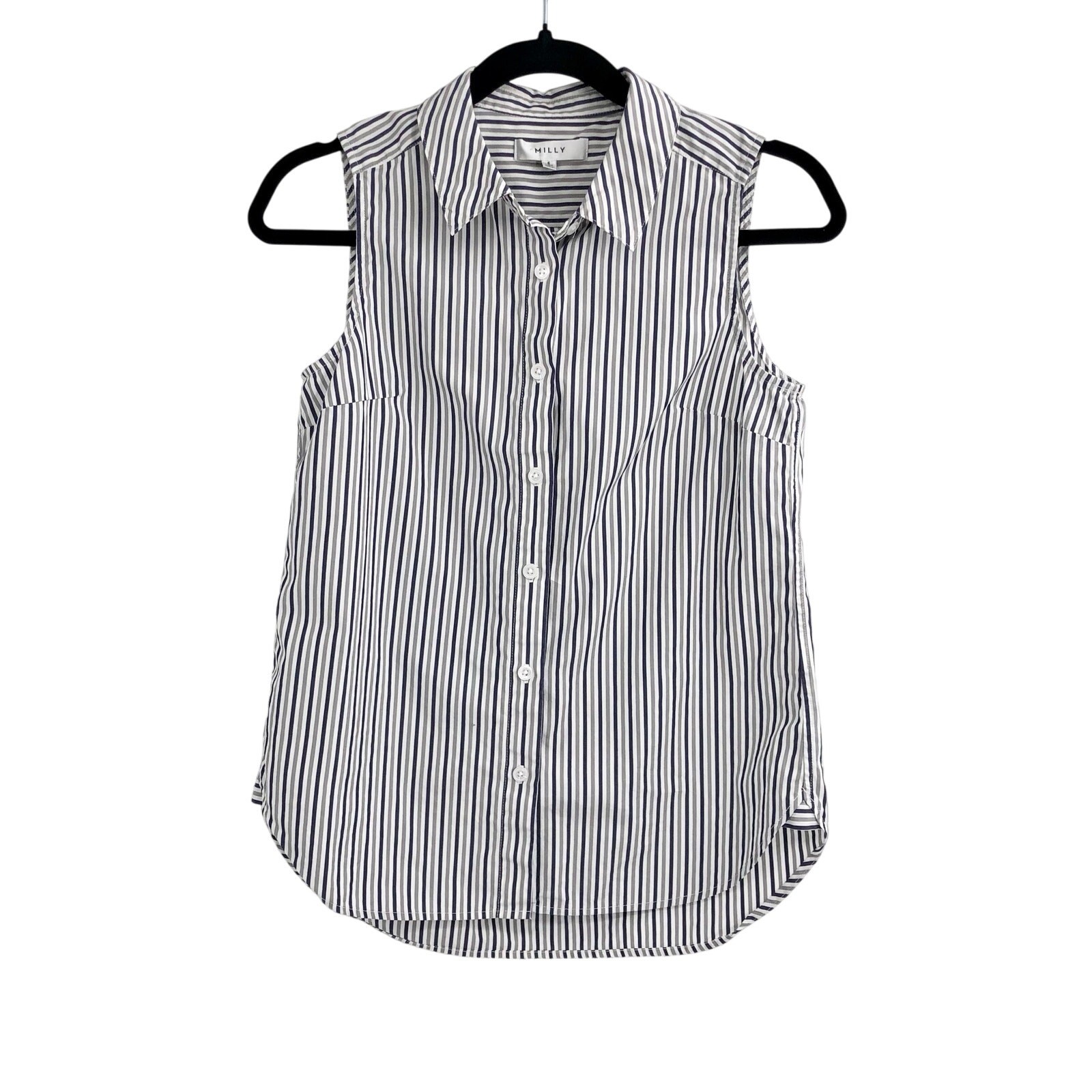 MILLY Sleeveless Striped Button Front 100% Cotton Collared Blouse Size Small