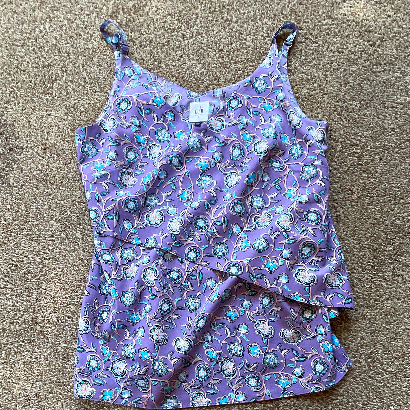 CAbi S Purple Floral V-Neck Sleeveless Woven Camisole Tank Wide Straps