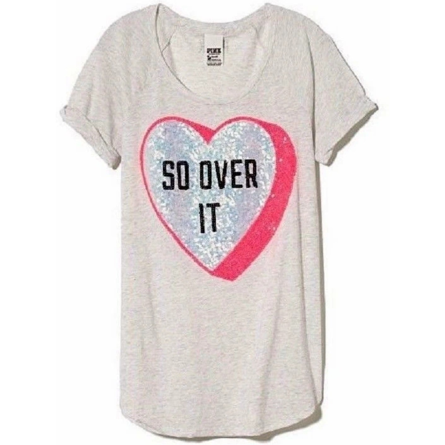 Victoria’s Secret PINK So Over It Sequin Heart Graphic T-Shirt Gray Large