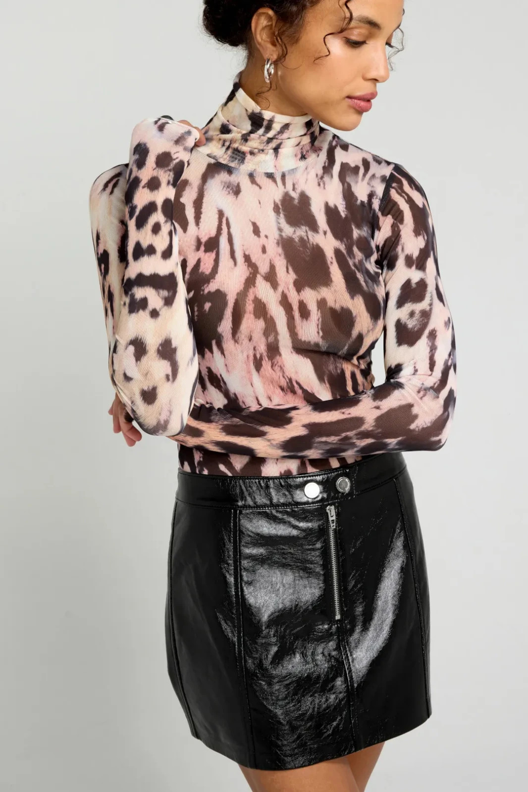 AFRM Long Sleeve Mesh Top XXL Animal Print Turtleneck Sheer Party Cocktail