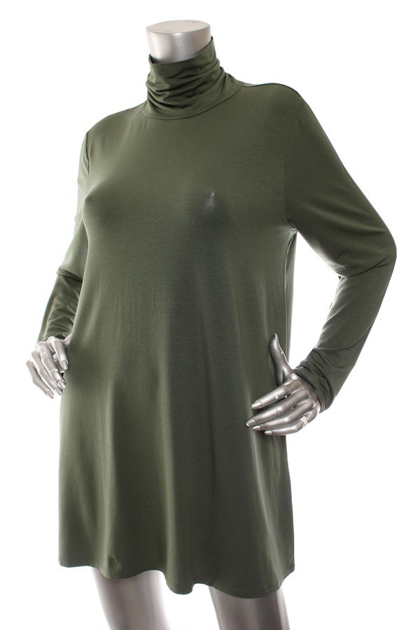NEW Eileen Fisher Fine Jersey Scrunch Neck Long Easy Fit Thigh Length Top Olive