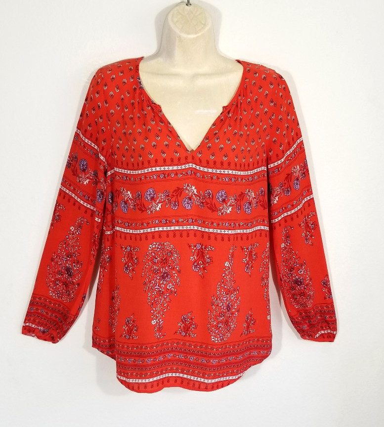 Old Navy Women M Red Lavender Blouse Top Floral Long Sleeve Split Neck Relaxed