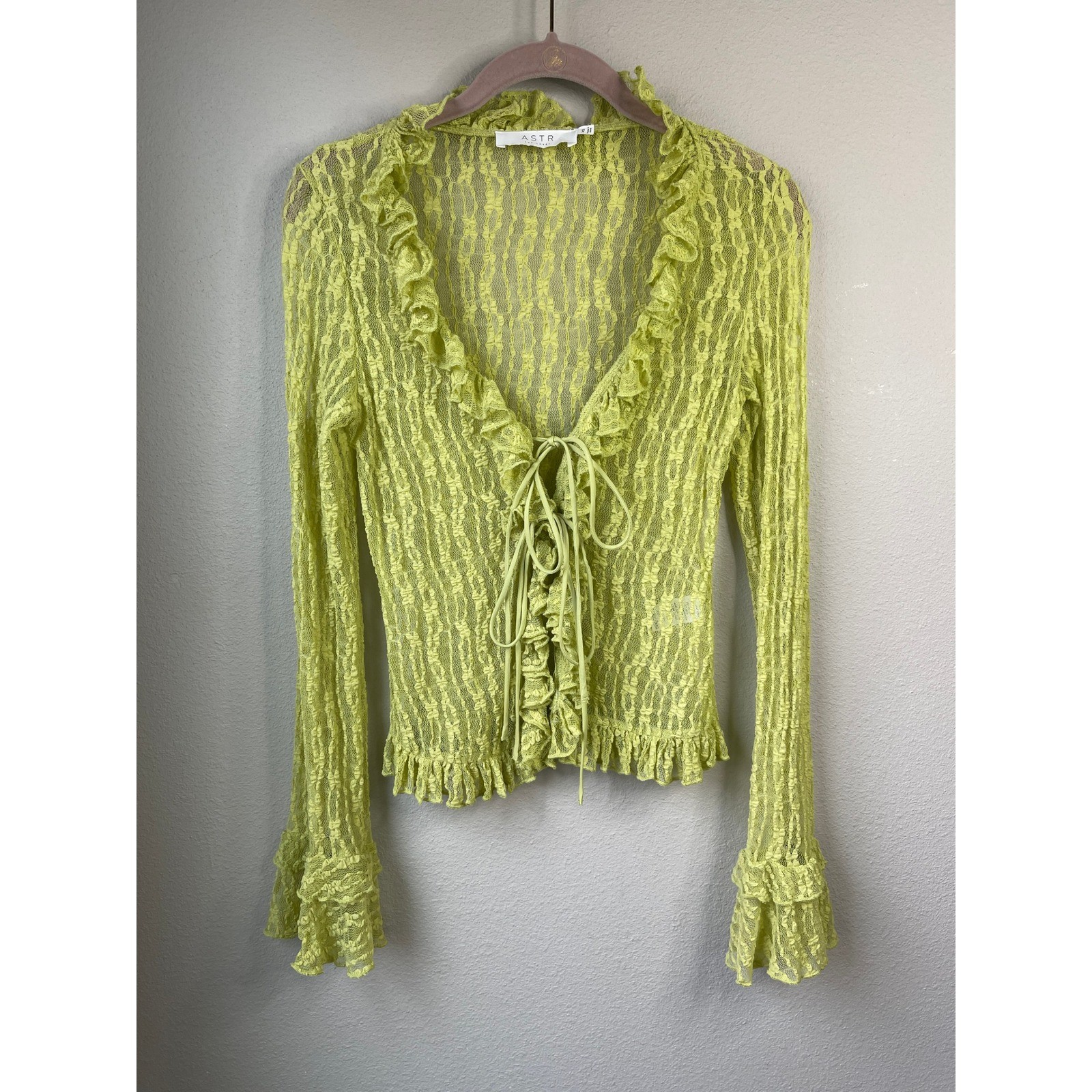 ASTR The Label Lace Cardigan Avocado Green Ruffle Tie Front AT17594 XS