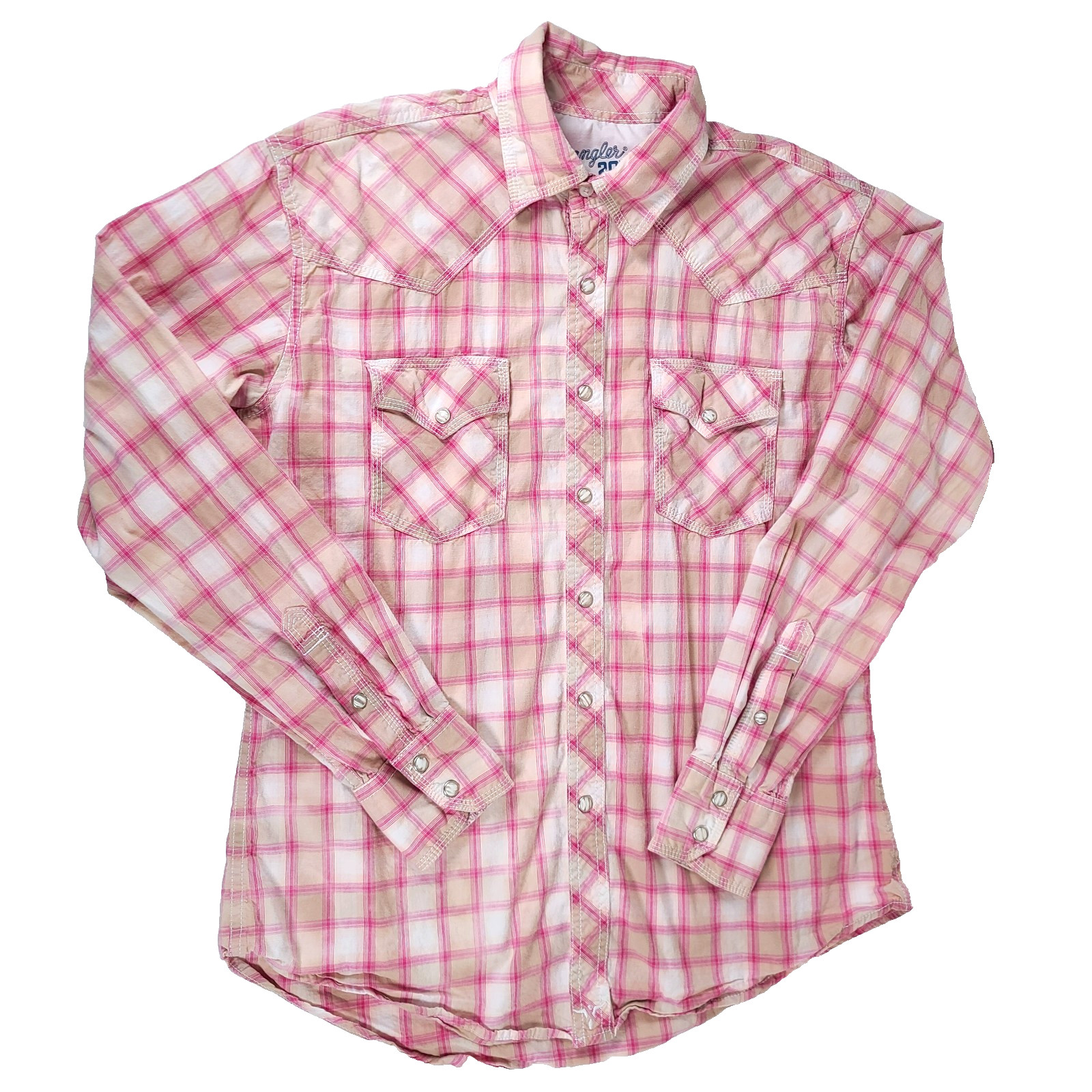 Wrangler 20X Western Shirt Womens Medium Pink Plaid Pearl Snaps Sawtooth Stretch