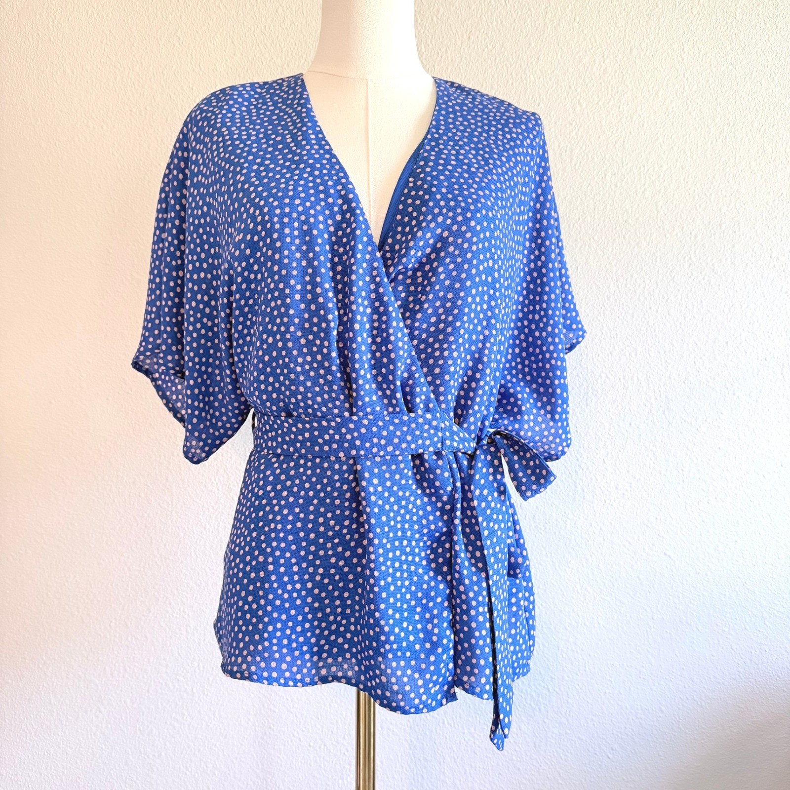 Elegant Blue Polka Dot Wrap Top V-Neck Tie Waist Blouse Classic Size Small