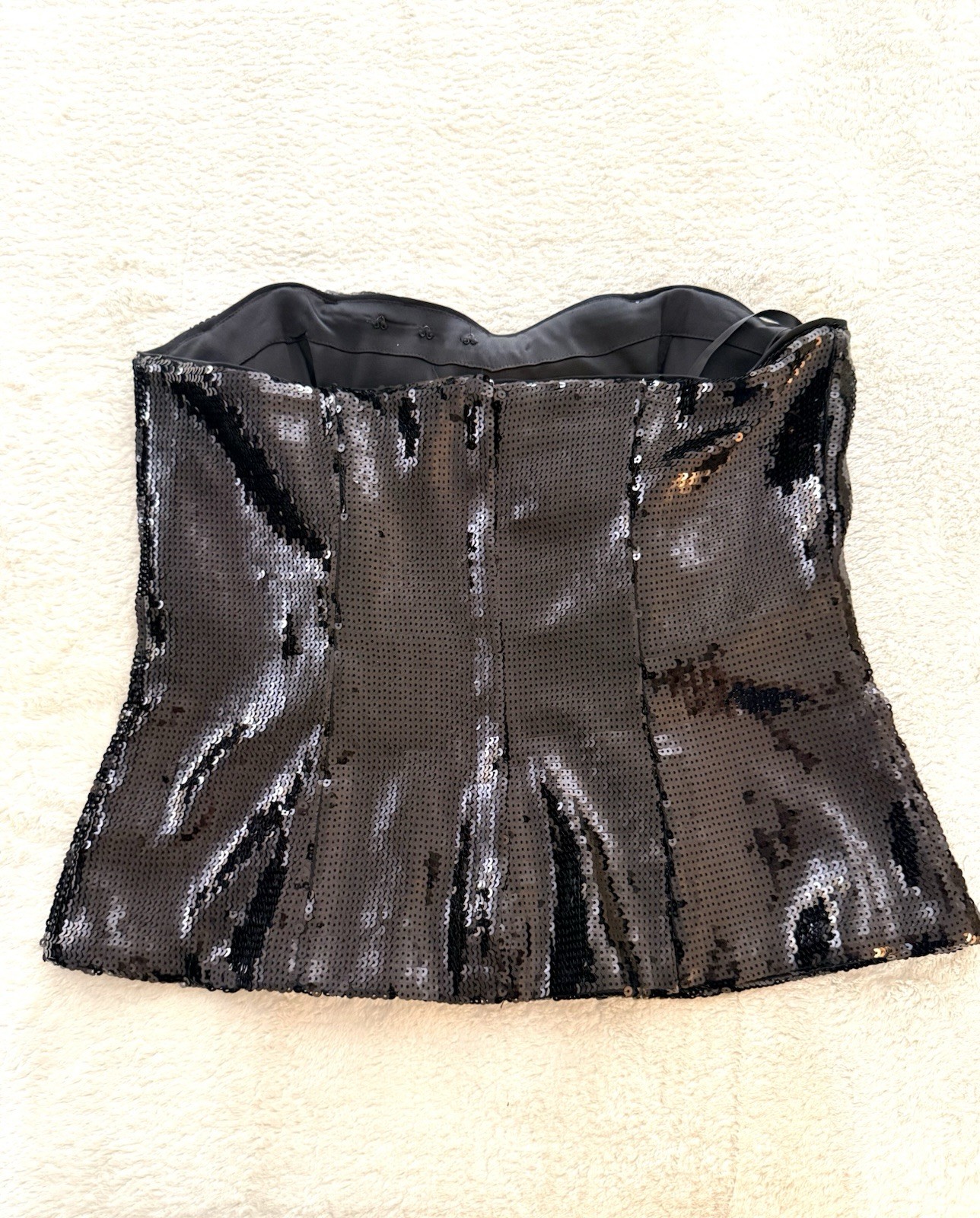 White House Black Market Sequin Corset Top Bow Strap Black NWOT Size 6