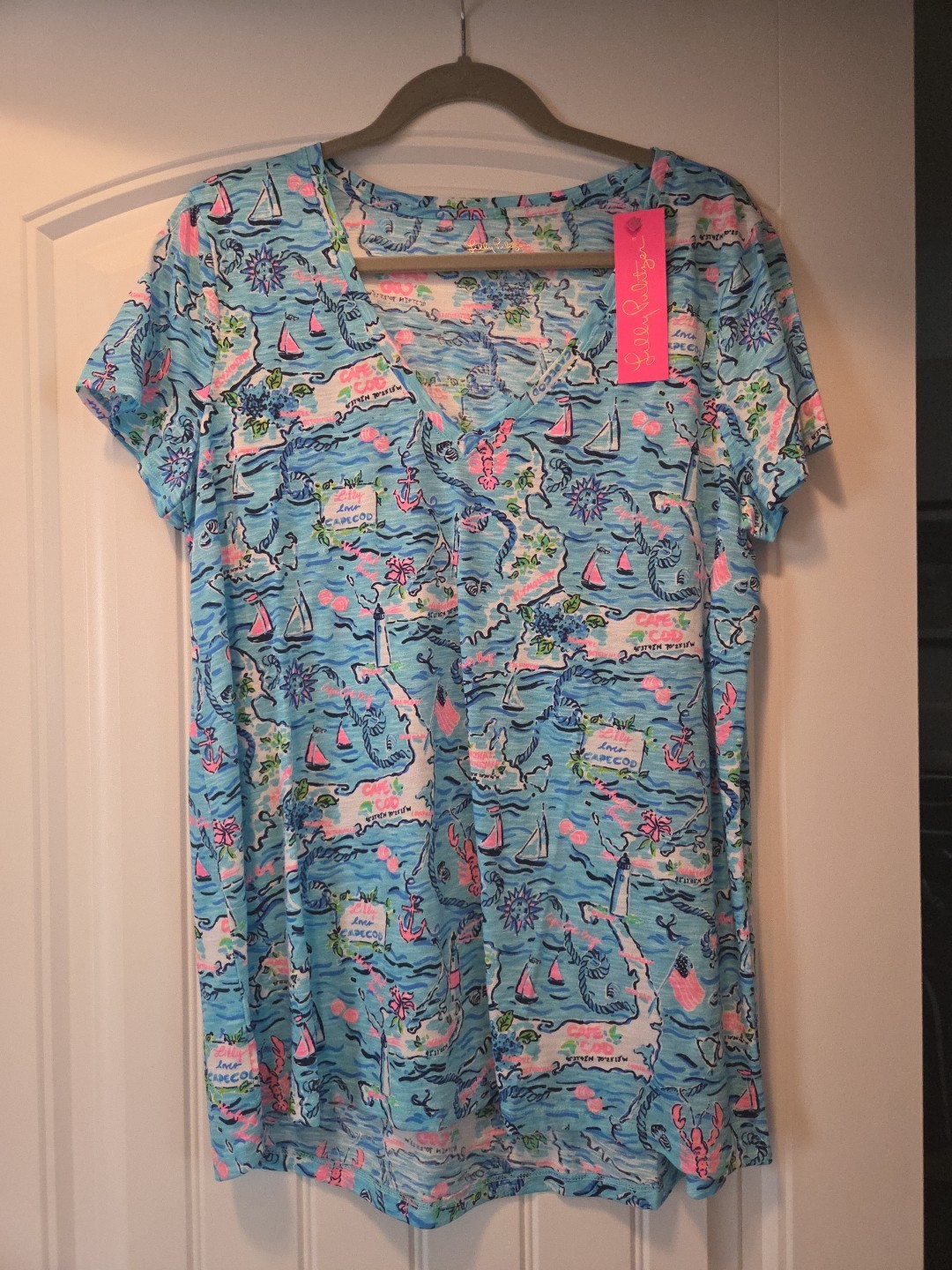 Lilly Pulitzer Etta V-Neck Short Sleeve-Bali Blue Lilly Loves Cape Cod LARGE-NWT