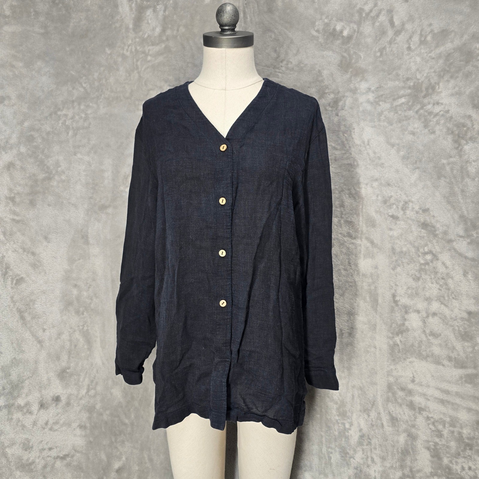 Tesori Button Down Shirt Womens L Black Linen Wool Blend V-Neck Long Sleeve