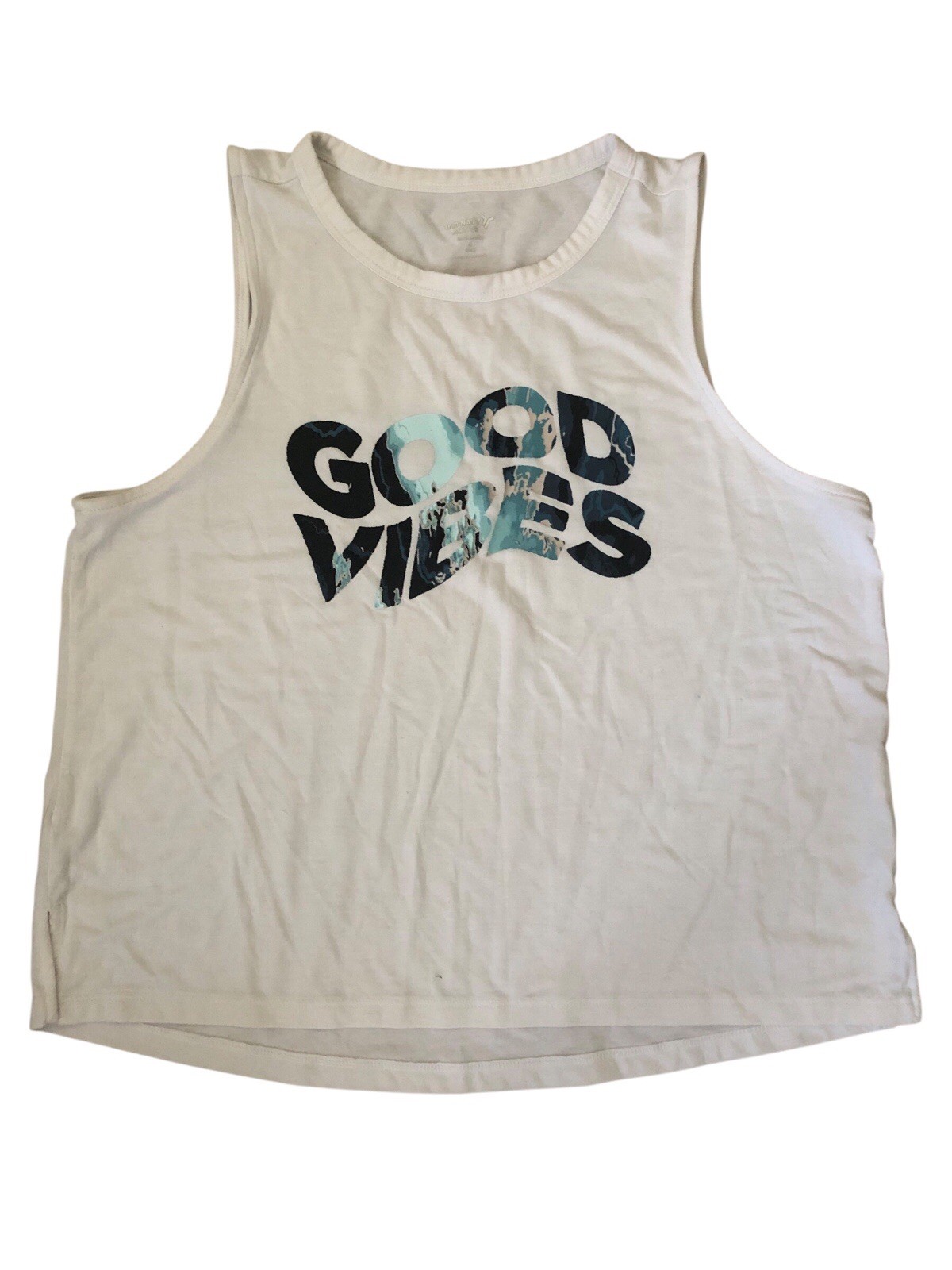 Old Navy, white blue gold “Good vibes” sleeveless tank – S