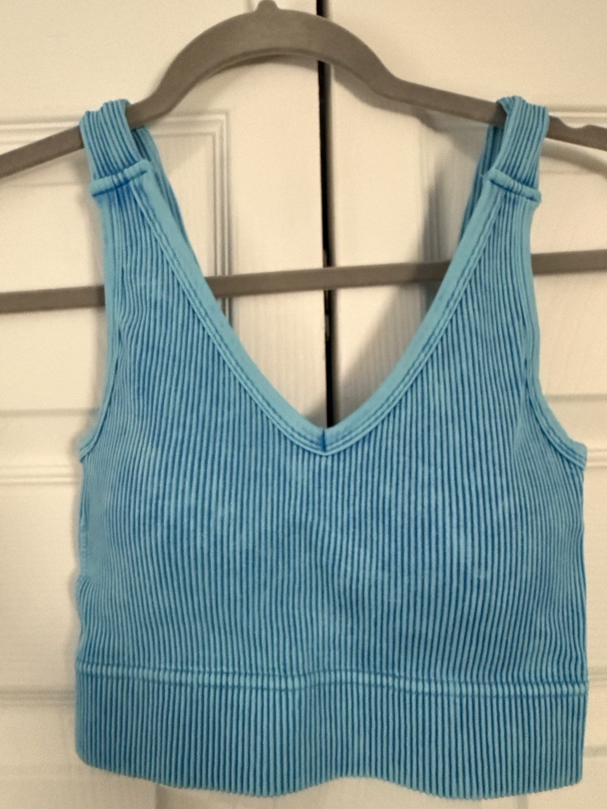 Zenana Ribbed Stone Wash V Neck Bralette PADDED Deep Sky S/M Style# 6275 NEW