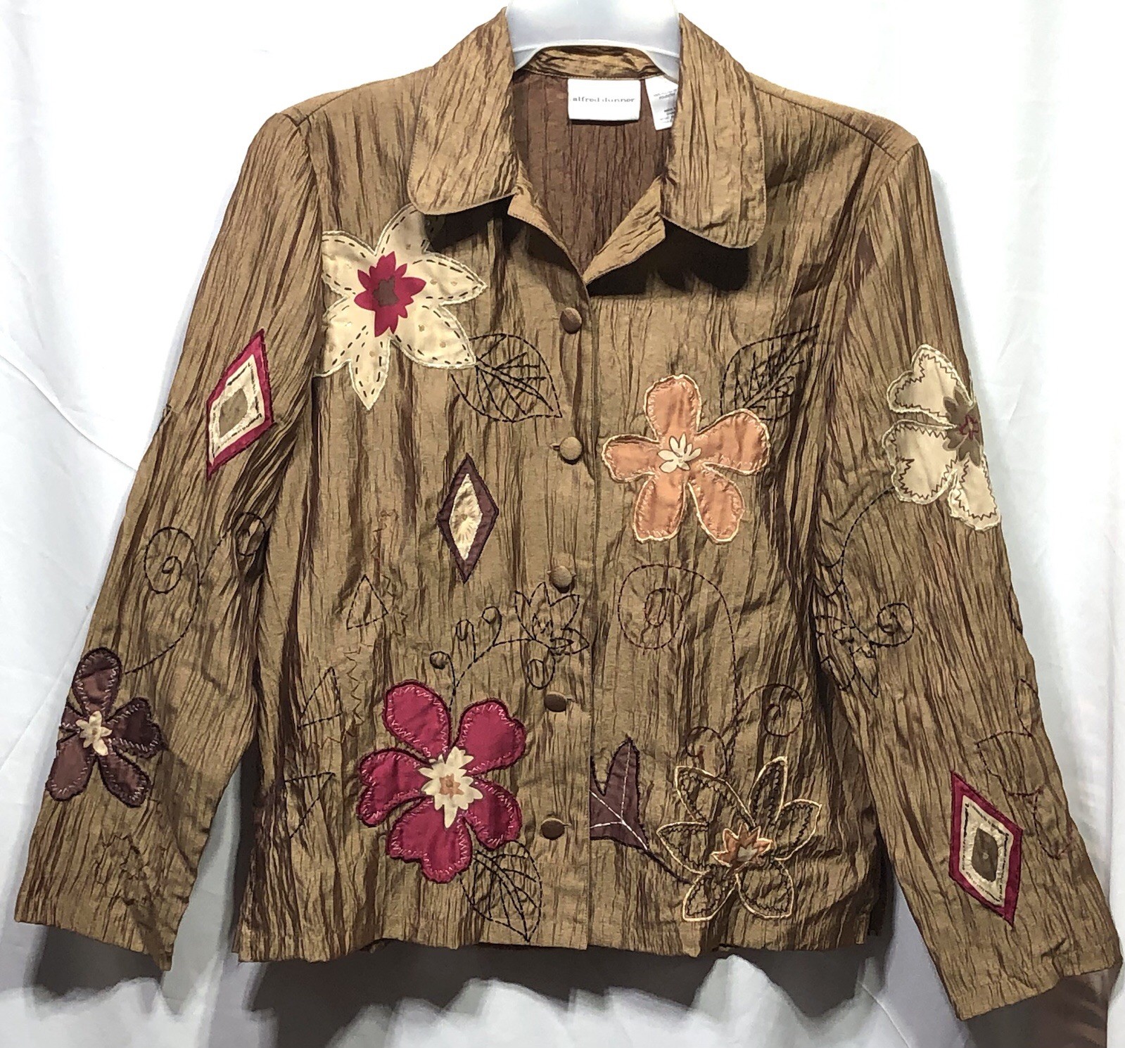 Alfred Dunner Crepe Shacket Cover Up Top 10 Brown Floral applique Embroidered