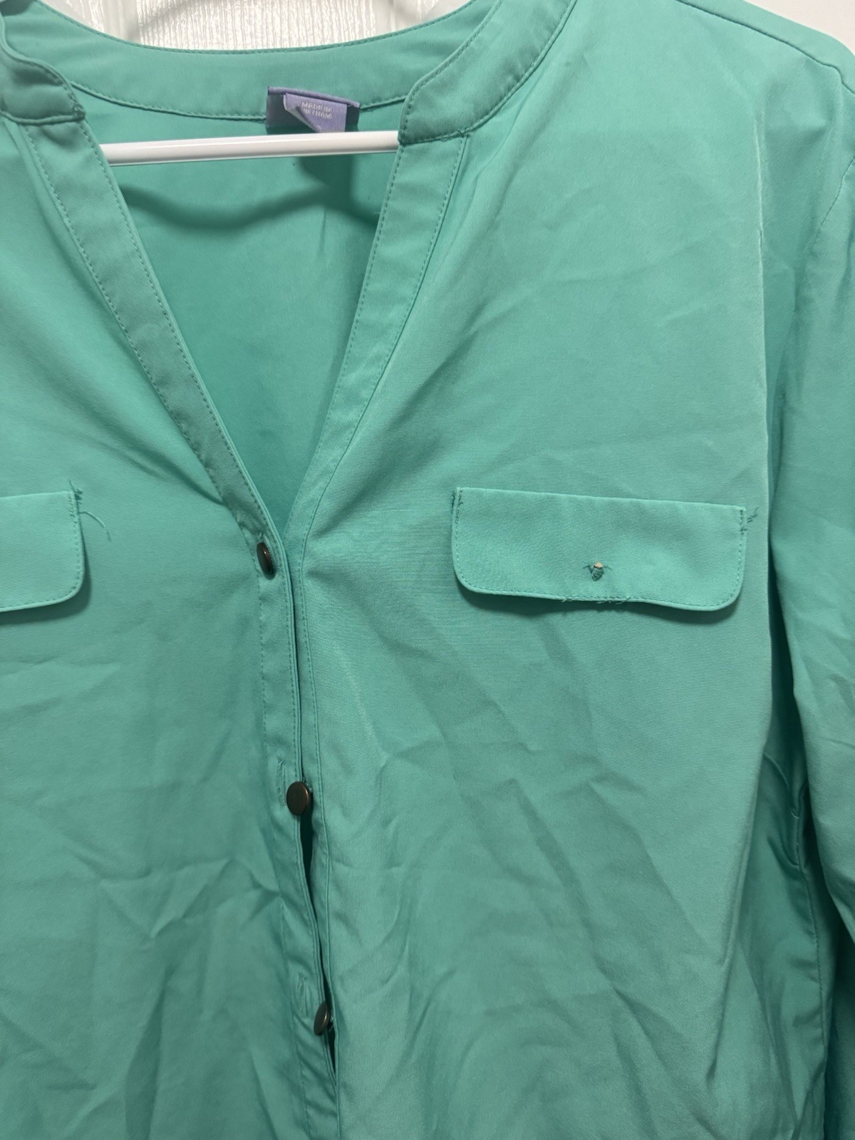 laura scott large button up long sleeve teal 95% polyester 5% spandex No Collar