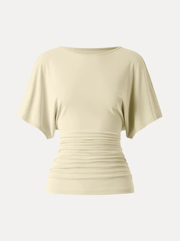 Women’s Boat Neck Batwing Sleeve Ruched Stretch Casual Blouse Top YellowFreeship