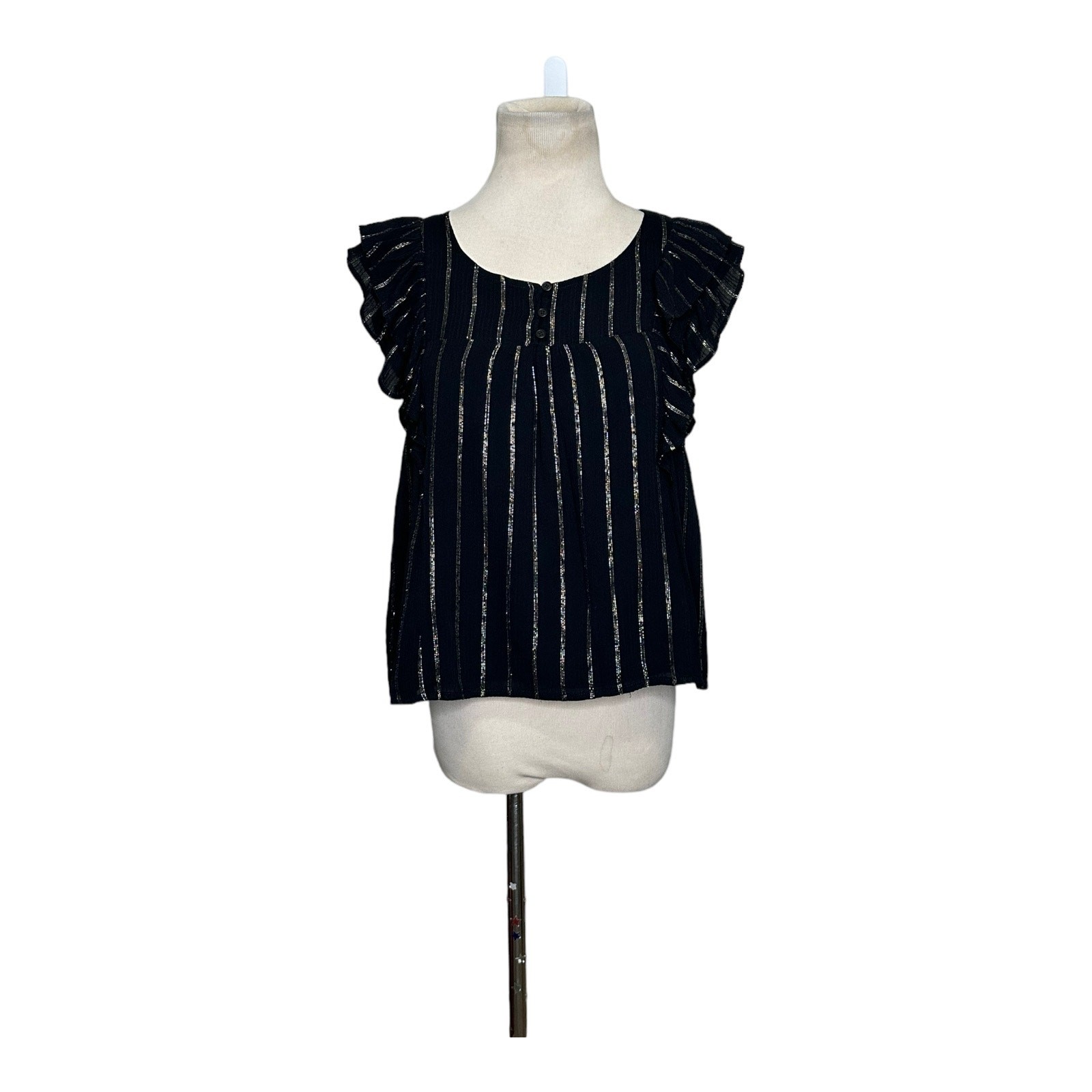 BB Dakota black silver stripes ruffled short sleeves blouse size Small
