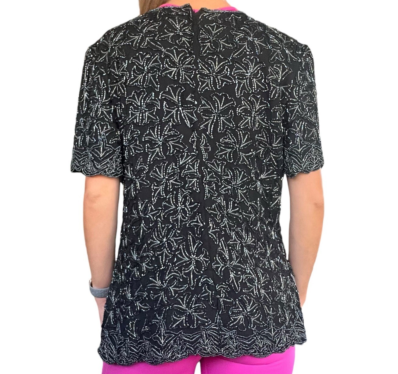 Papell Boutique Evening Women Large Black 100% Silk Beaded Floral Pattern Blouse