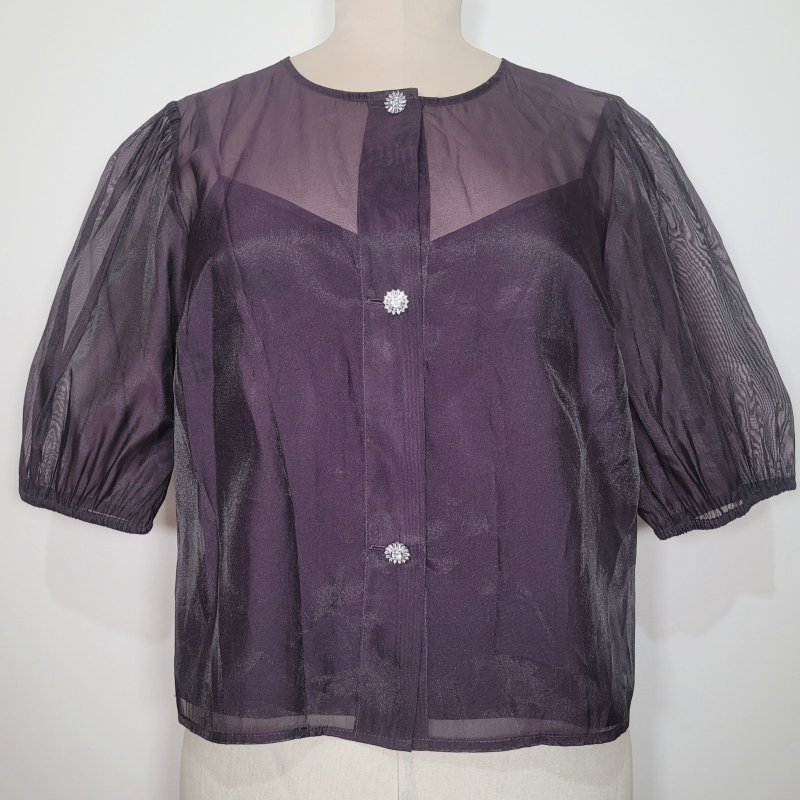 Marks And Spencer Organza Top Embellished Button Puff Sleeve Dark Grape Size 14