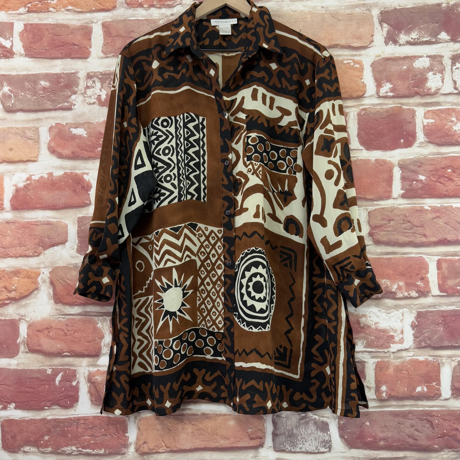 The Limited Tunic Top Womens XS Brown Boho Tribal Abstract Button Up Shirt