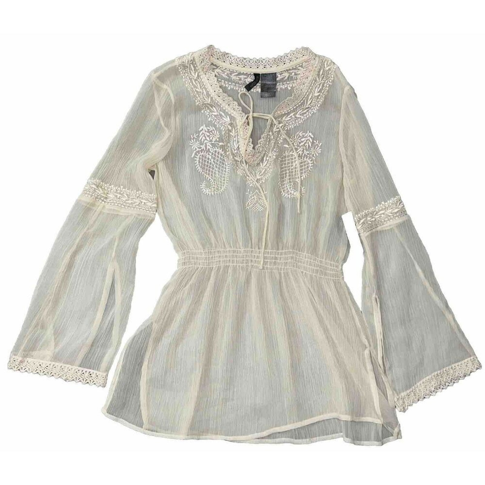 Bisou Bisou Michelle Bonbot Womens L Chiffon Embroidery Sequin Tunic Top Crochet