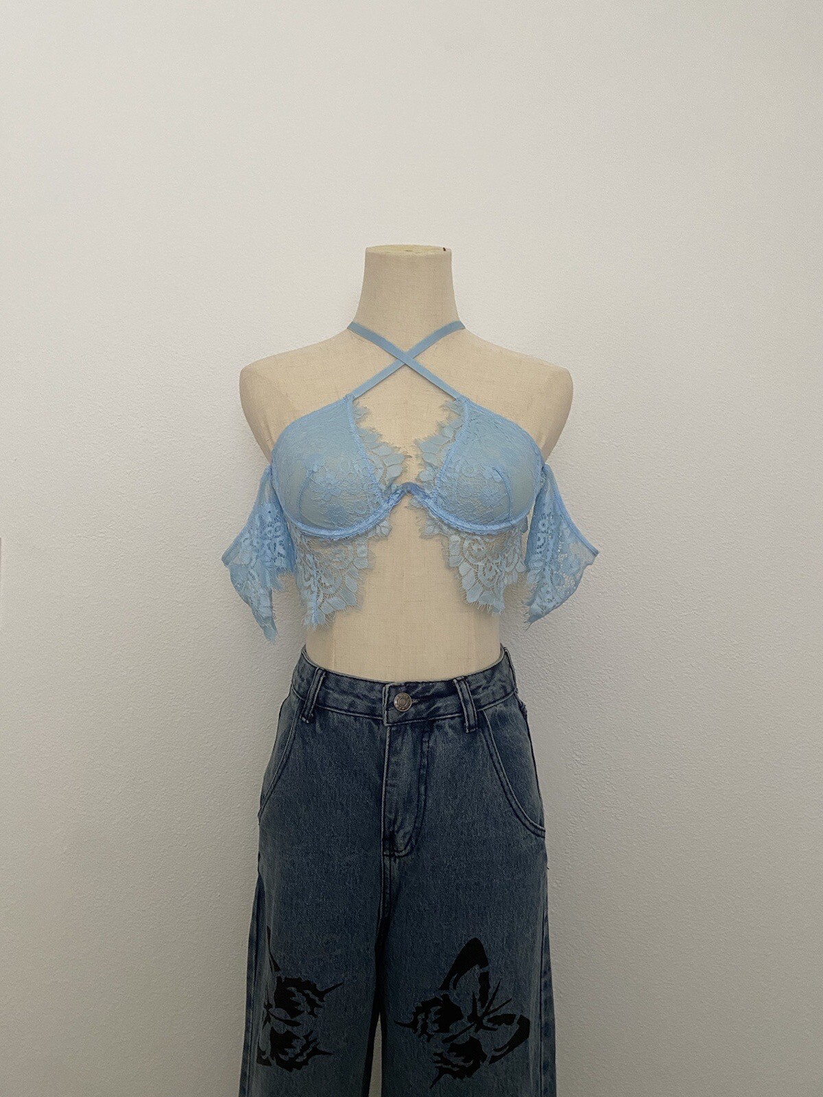blue lace off the shoulder underwire crop bra top