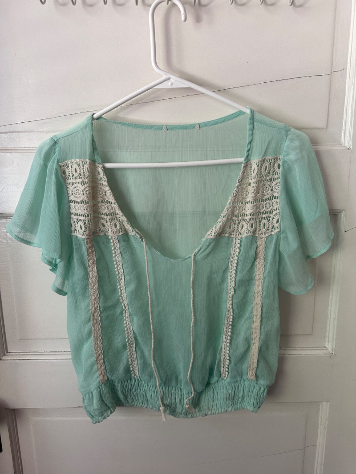Light Mint Seafoam Green White Lace Crochet-Trim Sheer Blouse Tie Front V Neck