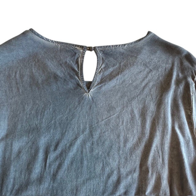 Spense Oil Wash Bell Sleeve Top Crochet Trim Long Sleeve Blouse Blue Size L