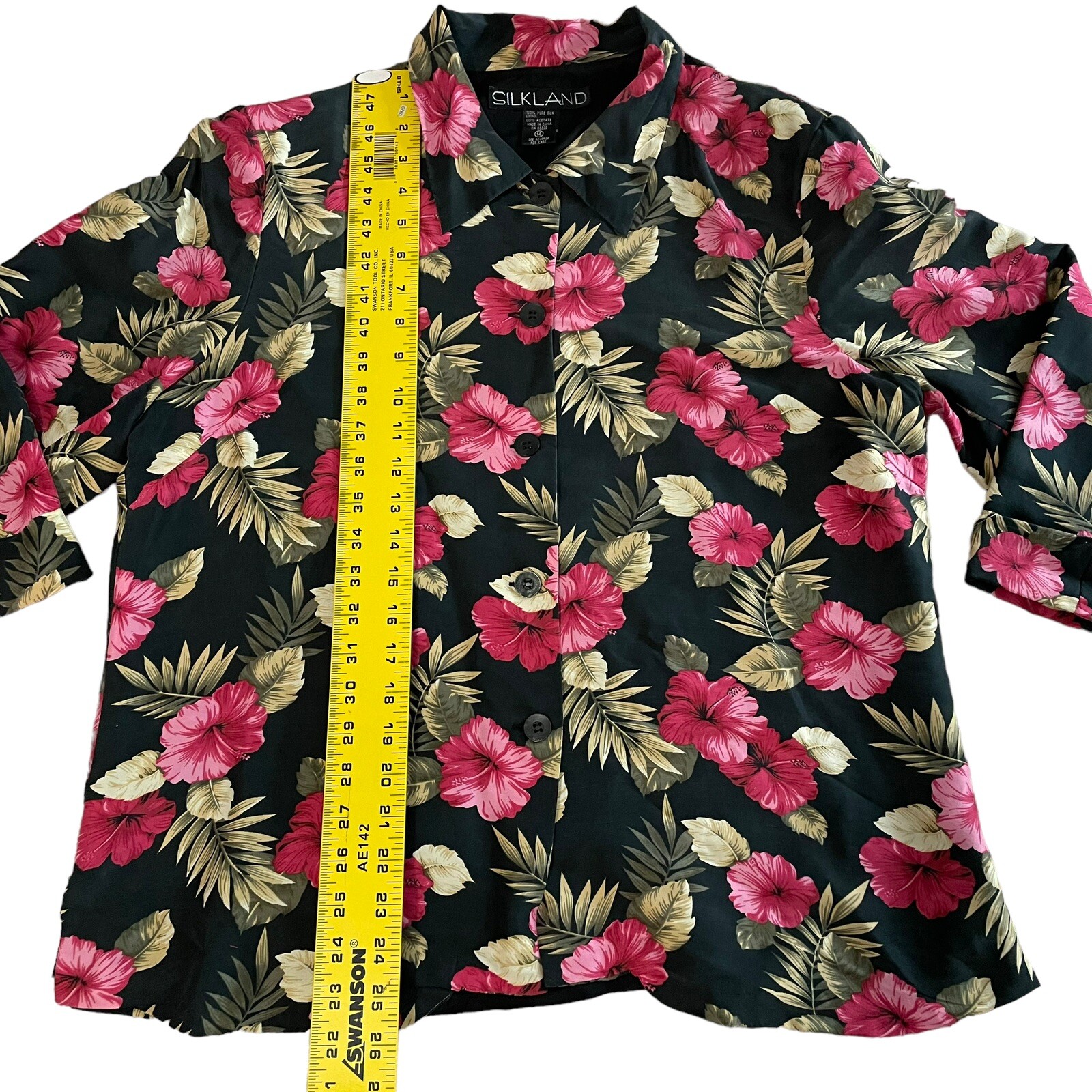Silk Land Shirt Women Blouse Size 14 Pure Silk Hawaii Floral Short Sleeve
