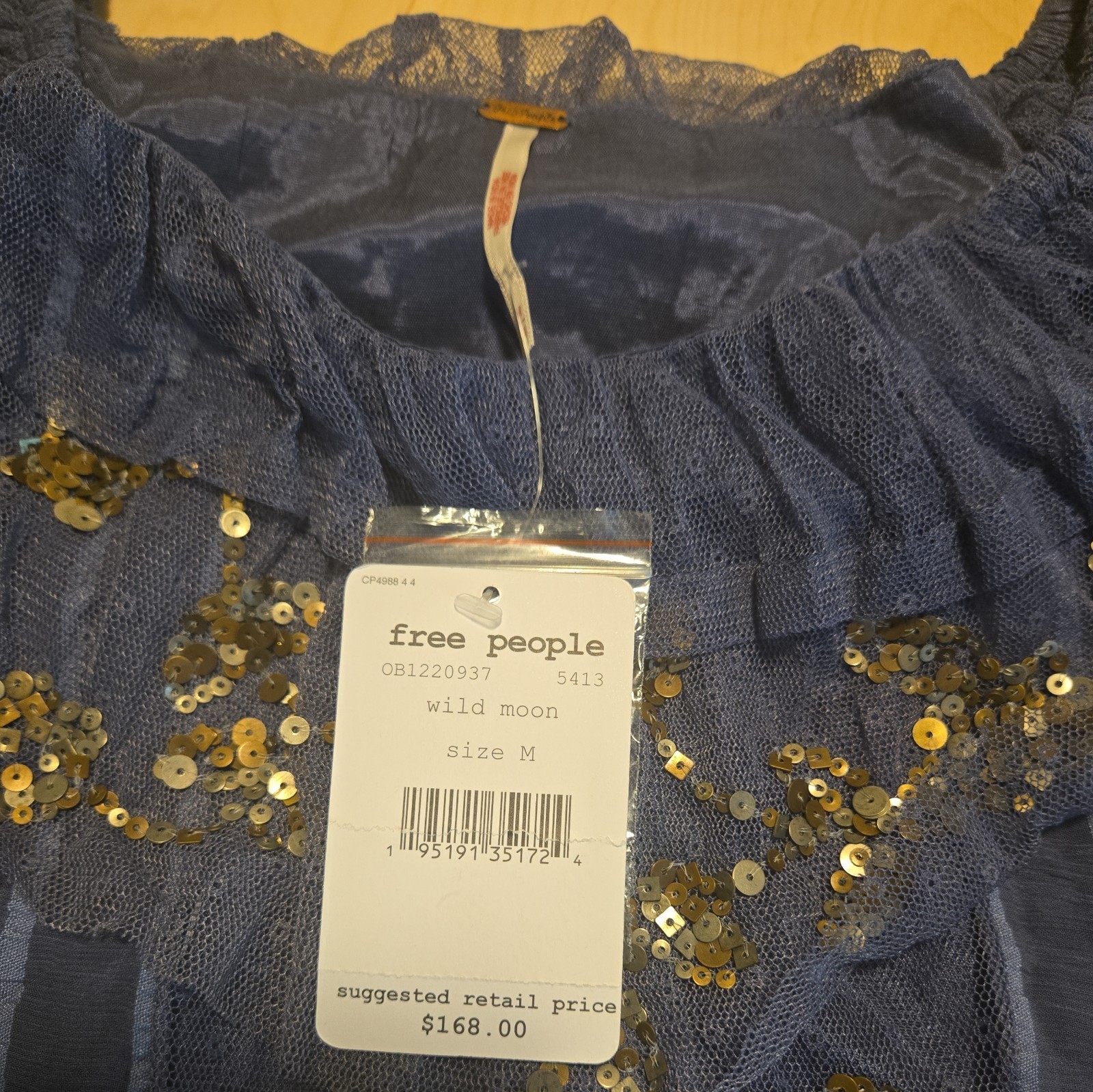 Msrp $168 Nwt Free People Wild Moon elisas Sequin Boho Blouse Sz M Blue Ruffle