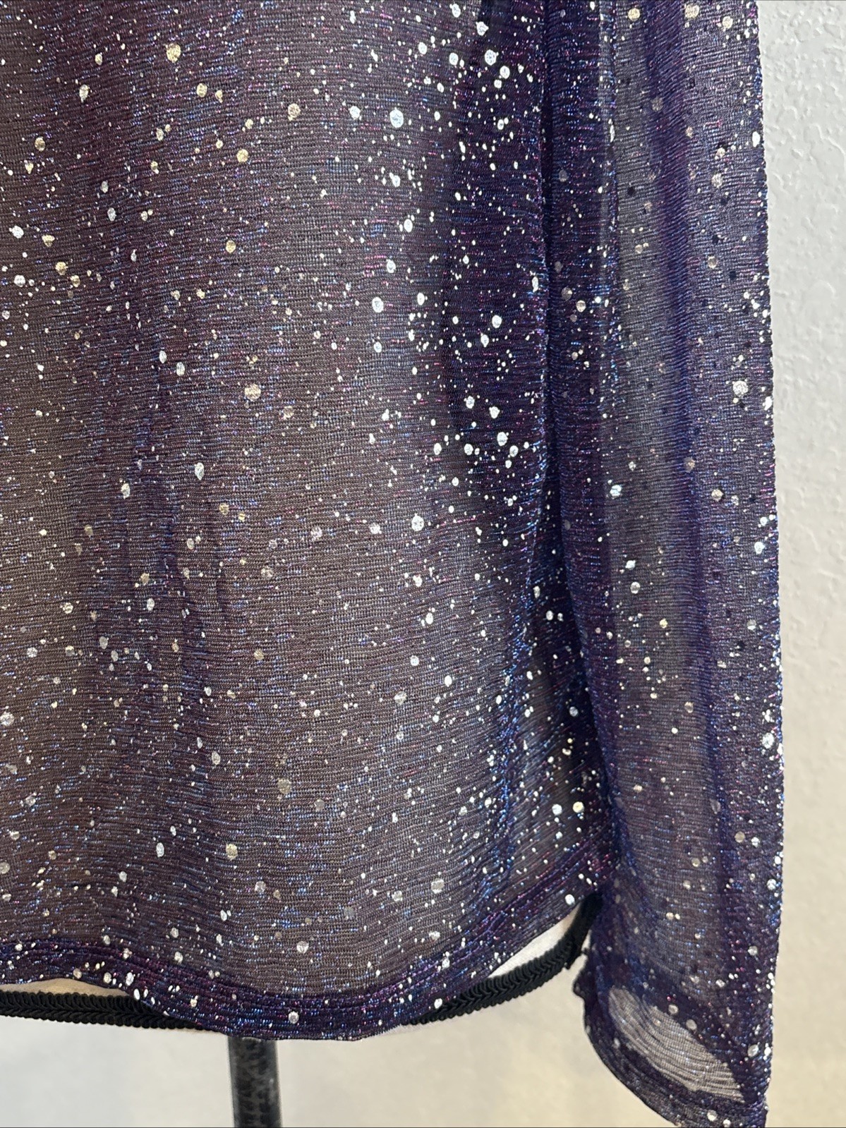 Shein Blouse Sheer Long Sleeves W/Shiny Silver Polka Dot Purple Size 4