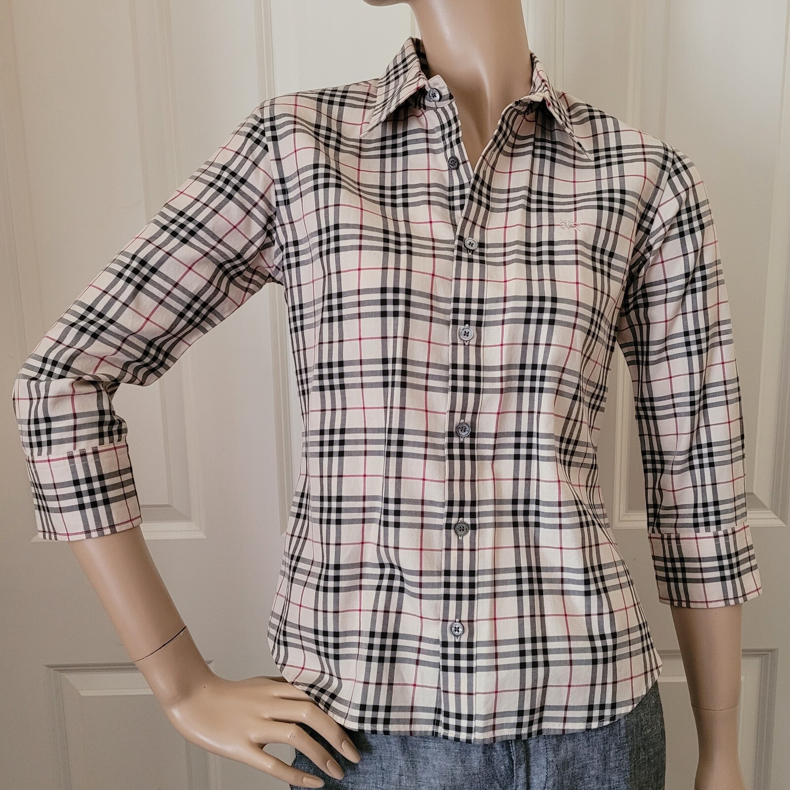 Burberry London Nova Check Fitted 3/4 Sleeve Button Up Shirt Size S