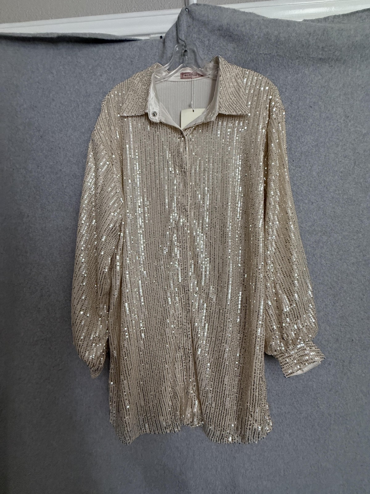 SkyLar Rose Blouse Womens L Gold Sequin Button Up Tunic Top Balloon Sleeve