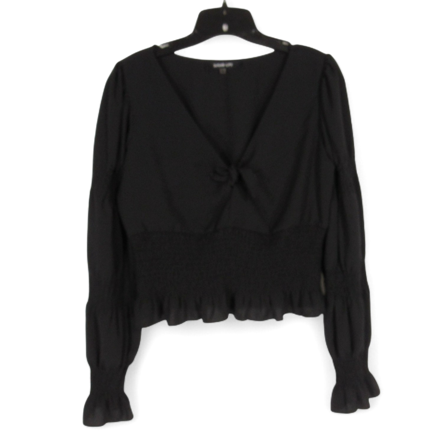 SUGAR LIPS Black SATIN Tie Bust SMOCKED WAIST & SLEEVES Ruffle Trim BLOUSE/TOP M