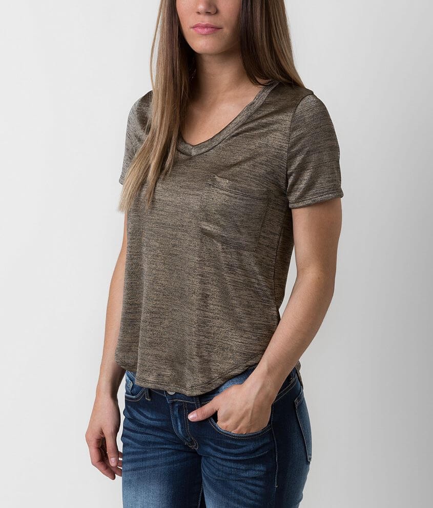 Paper + Tee T-Shirt Small Gold V-Neck Short Sleeve Pocket Tee Top