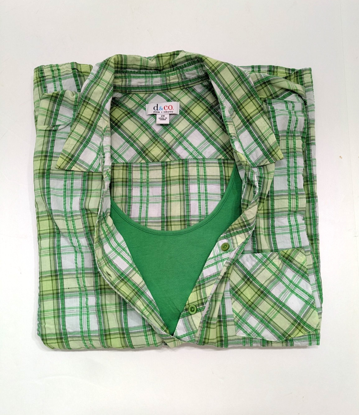 2 Pc Denim & Co Green Plaid Button Up Blouse and Tank Top Size 2X