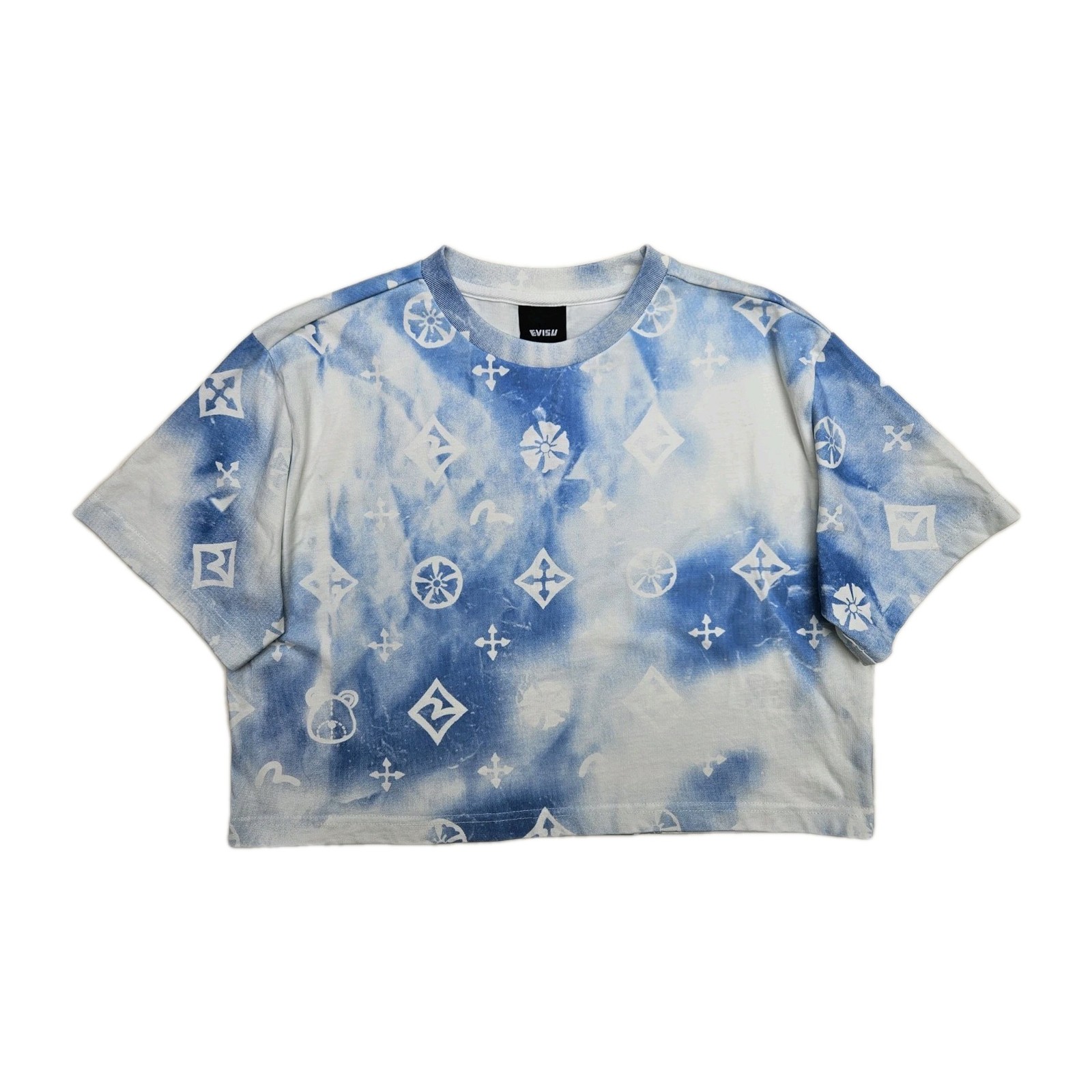 Evisu Cropped T-Shirt Womens Size S Blue Graphic Logo Y2K Streetwear Casual Tee