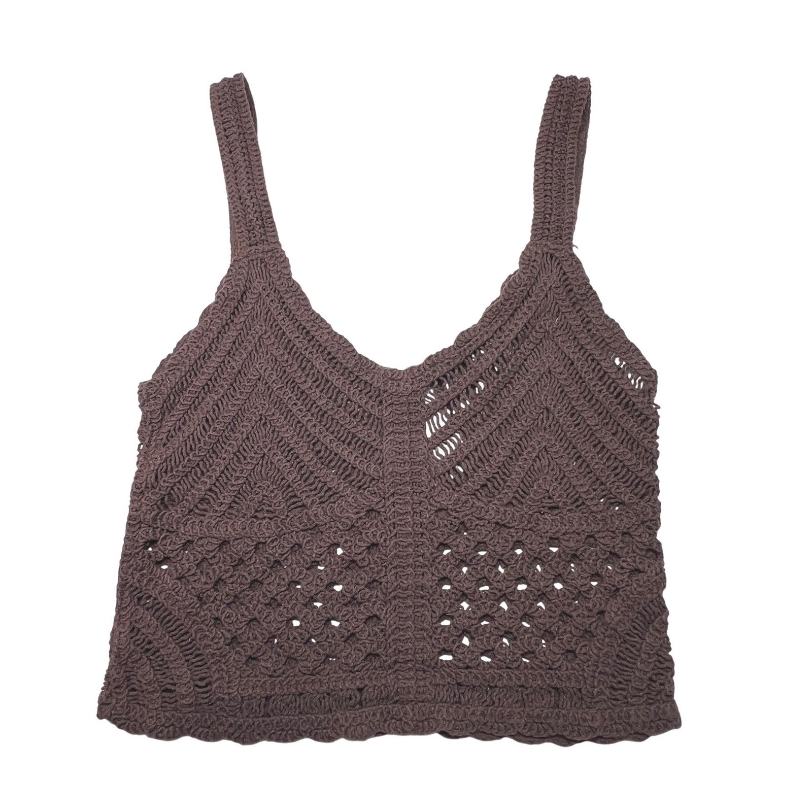 Boho Retro Crochet Tank Top Womens Medium Brown Hippie Knit Cottagecore Earthy