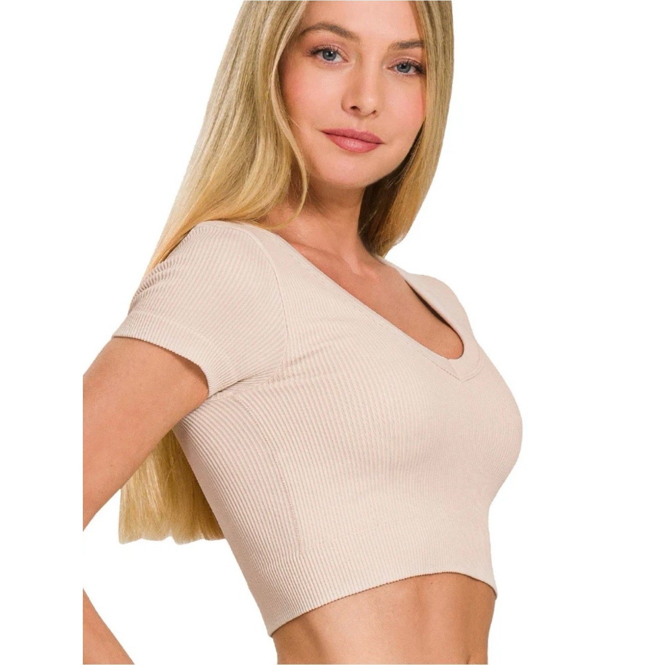 Ribbed V-Neck Crop Top – Beige