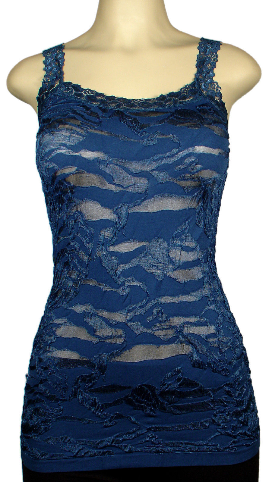 BLUE GOTH STRETCH LACE SHEER FLORAL CAMI TANK TOP GYPSY PEASANT XS S M L XL OS