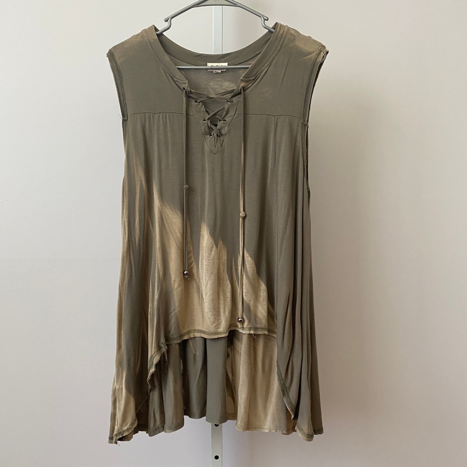 POL Boho Flowy Relaxed Lagenlook Earth Colors Sleeveless Tunic Top Small Olive
