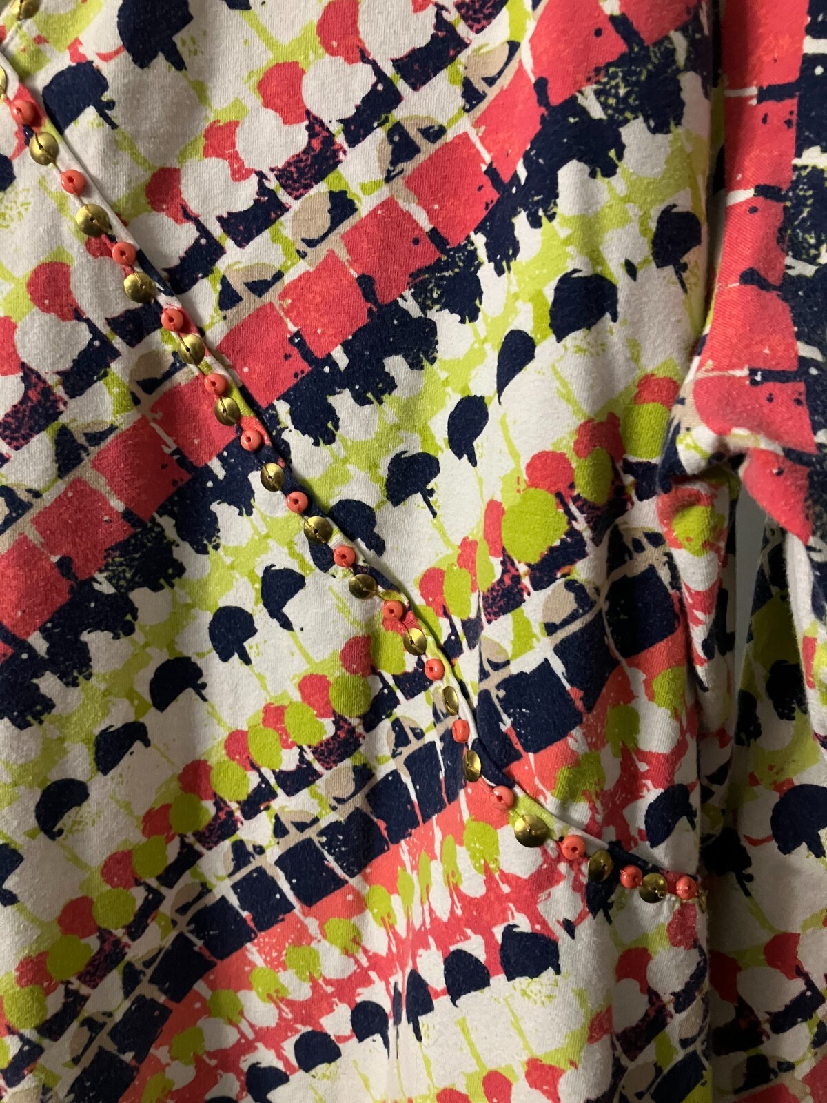 XL RUBY RD CORAL LIME GREEN WHITE GOLD STUDS BEADS 95% COTTON 5% SPANDEX TOP