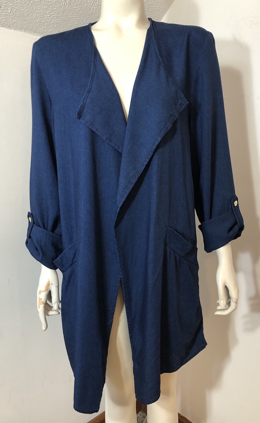 H & M Womens 12 New Open Front Cardigan Tunic Blue Chambray Roll Tab Sleeves