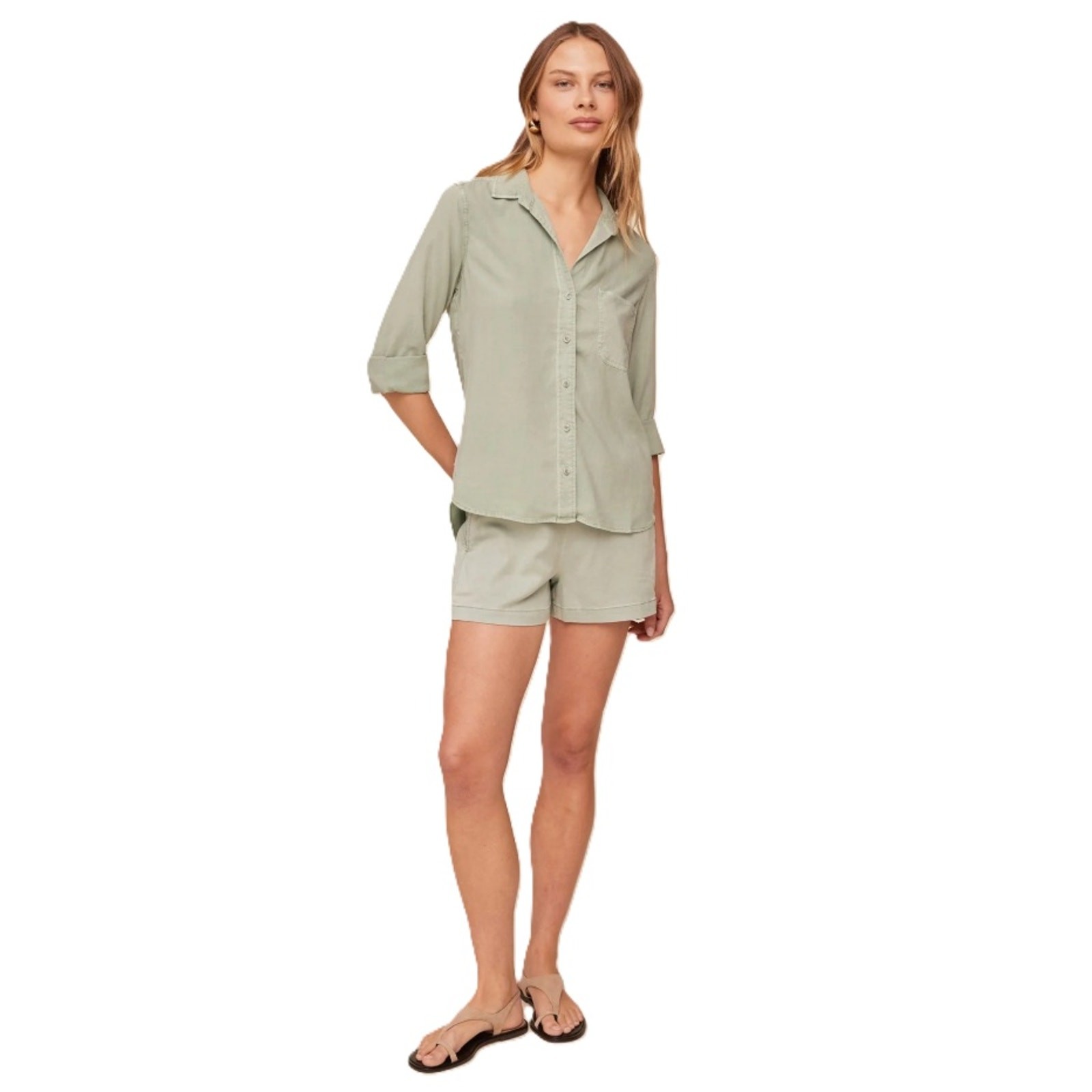 Bella Dahl Women Olive Green Woven Tencel Long Sleeve Button Down Top Size M