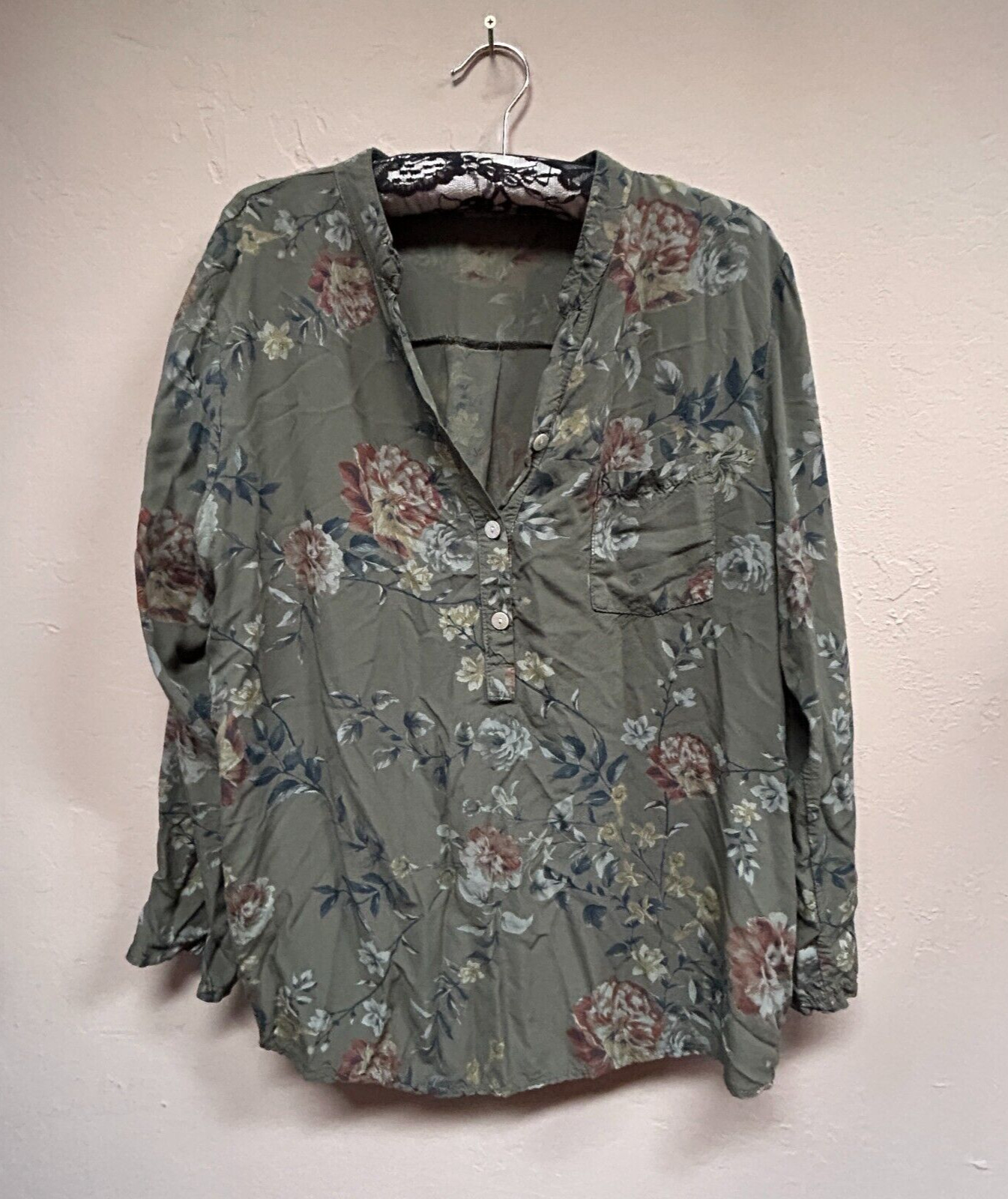 Angela Mara Women’s Popover Top Long Sleeve Floral Blouse XL Olive Casual