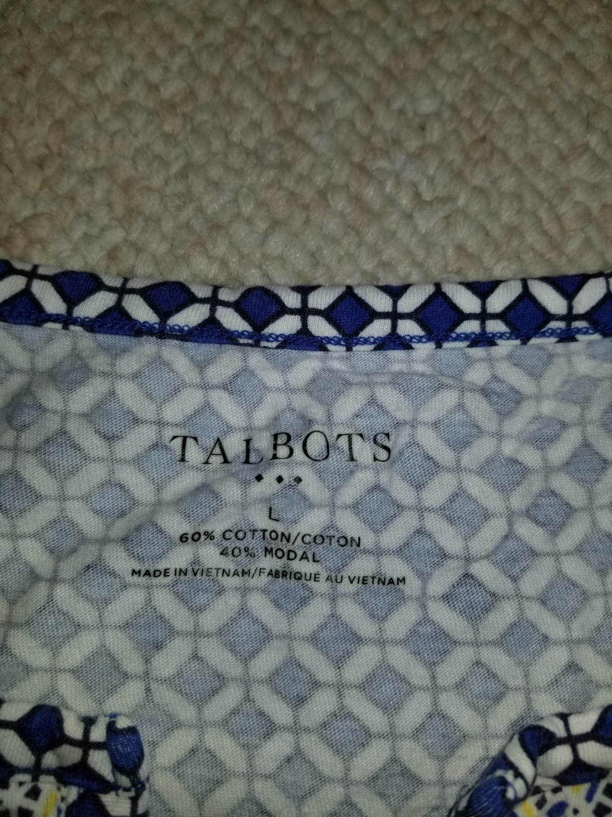 Womens Top-TALBOTS-blue/white/yellow cotton knit V-neck tunic Resort Coastal-L
