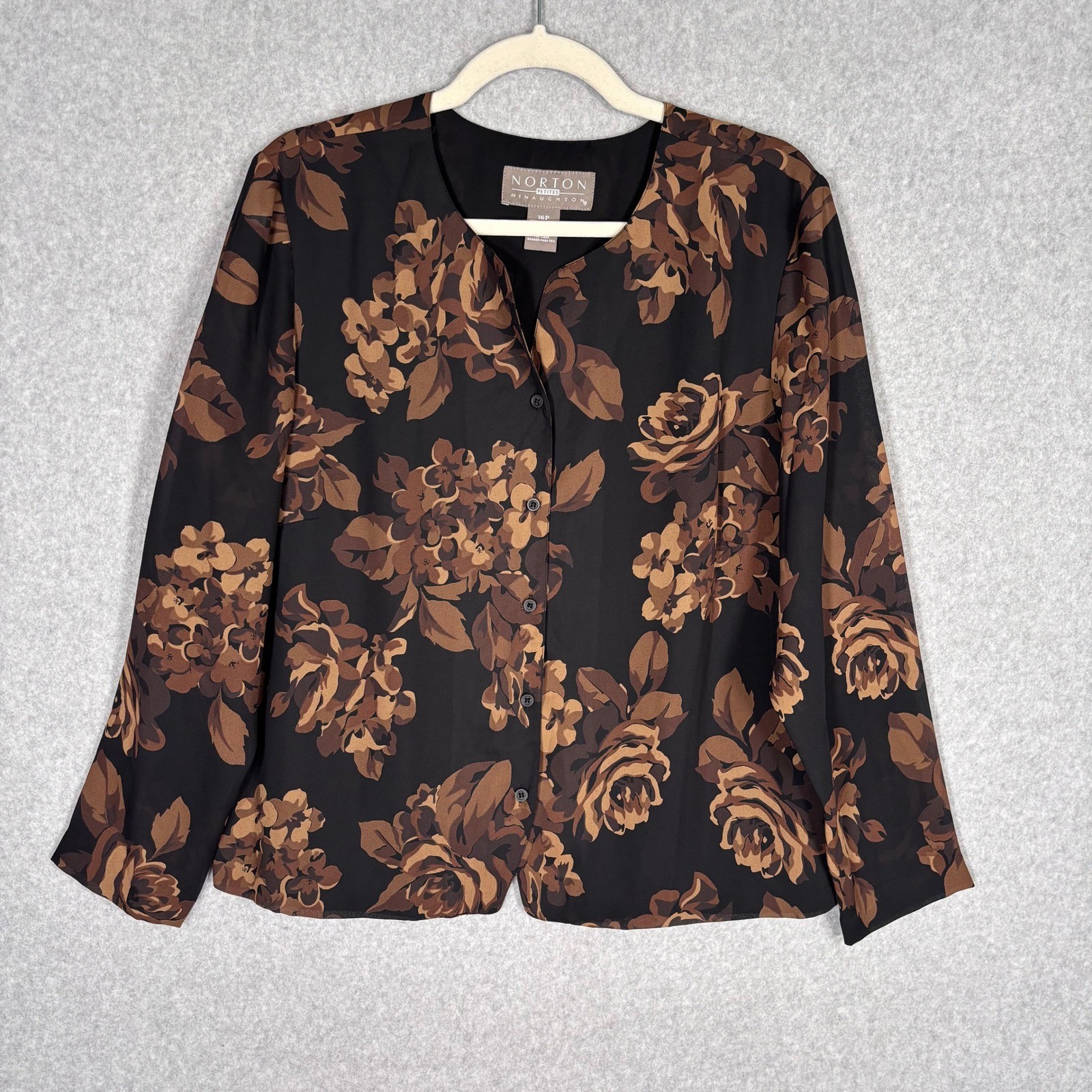 Vintage Dark Floral Button Up Blouse 16P Black Brown Romantic Feminine Jacket