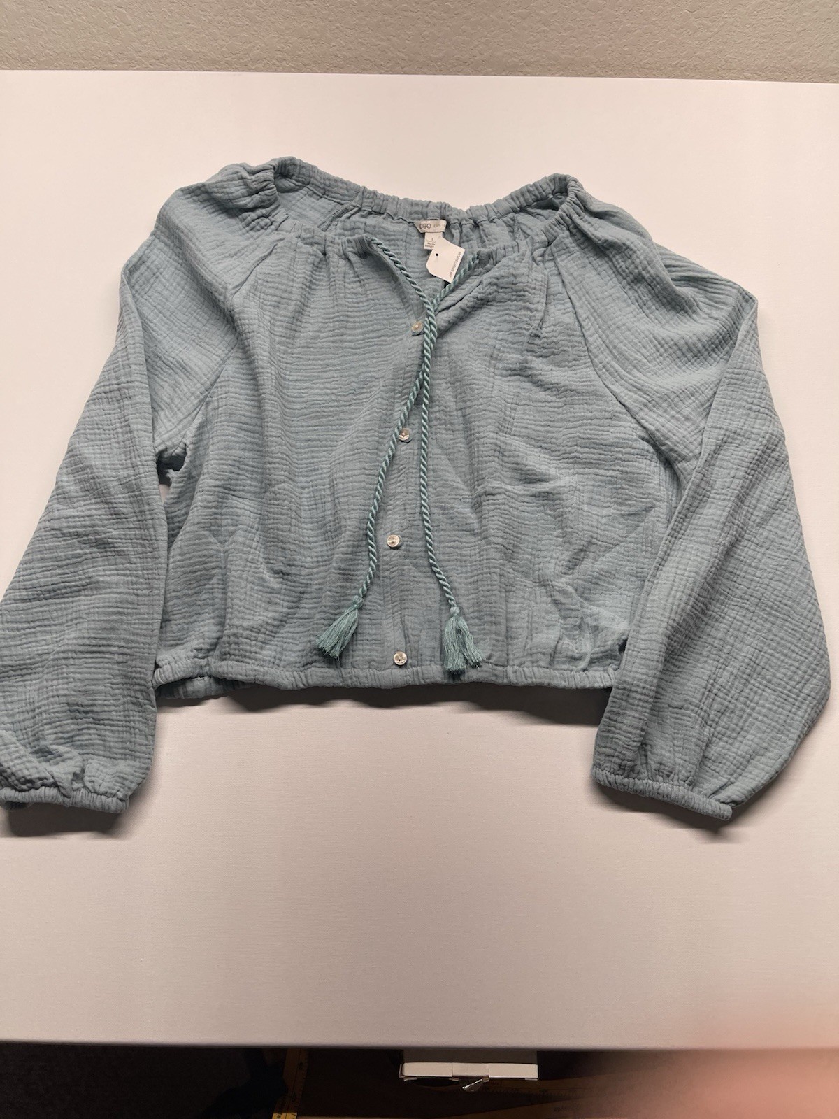 Cato Cropped Blouse, Large,Robin’s Egg Blue, Crinkle Cotton Long Sleeve Sku#0071