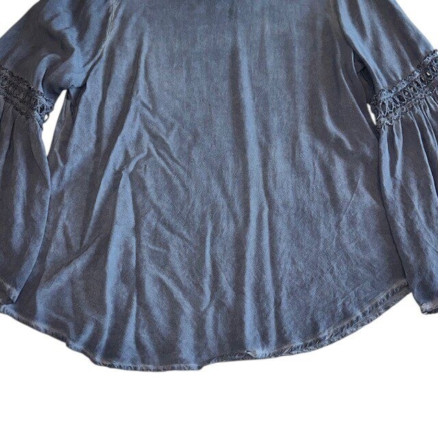 Spense Oil Wash Bell Sleeve Top Crochet Trim Long Sleeve Blouse Blue Size L