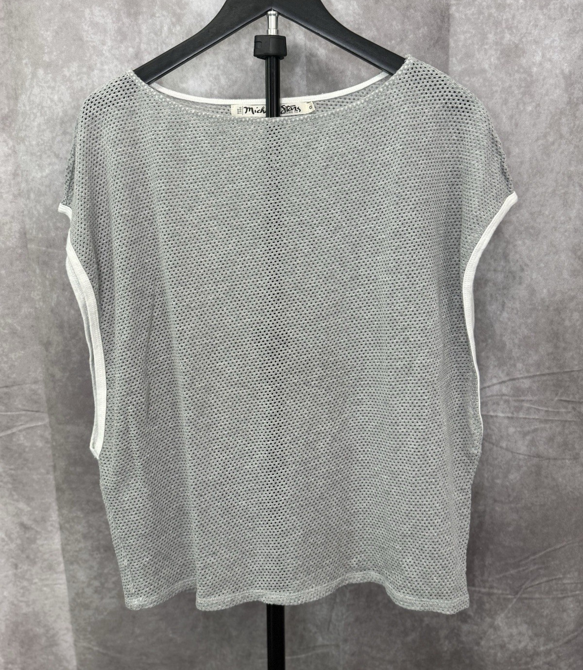 Michael Stars Gray Solid Mesh Round Neck Short Sleeve Contrast Trim Top OS