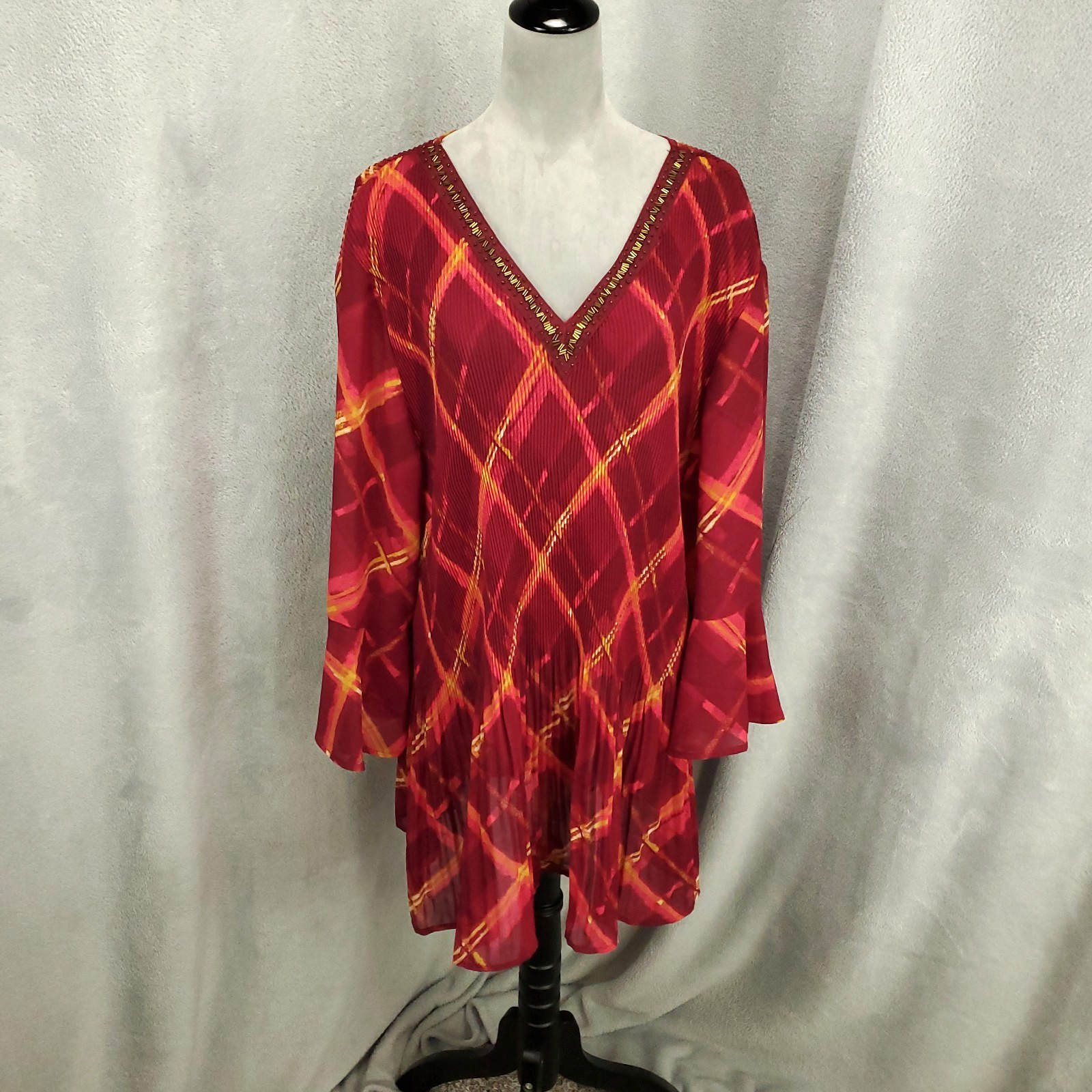 New Catherines Top Womens 5X Crinkle Texture Beaded Tunic 34W 36W NWT Orange Red